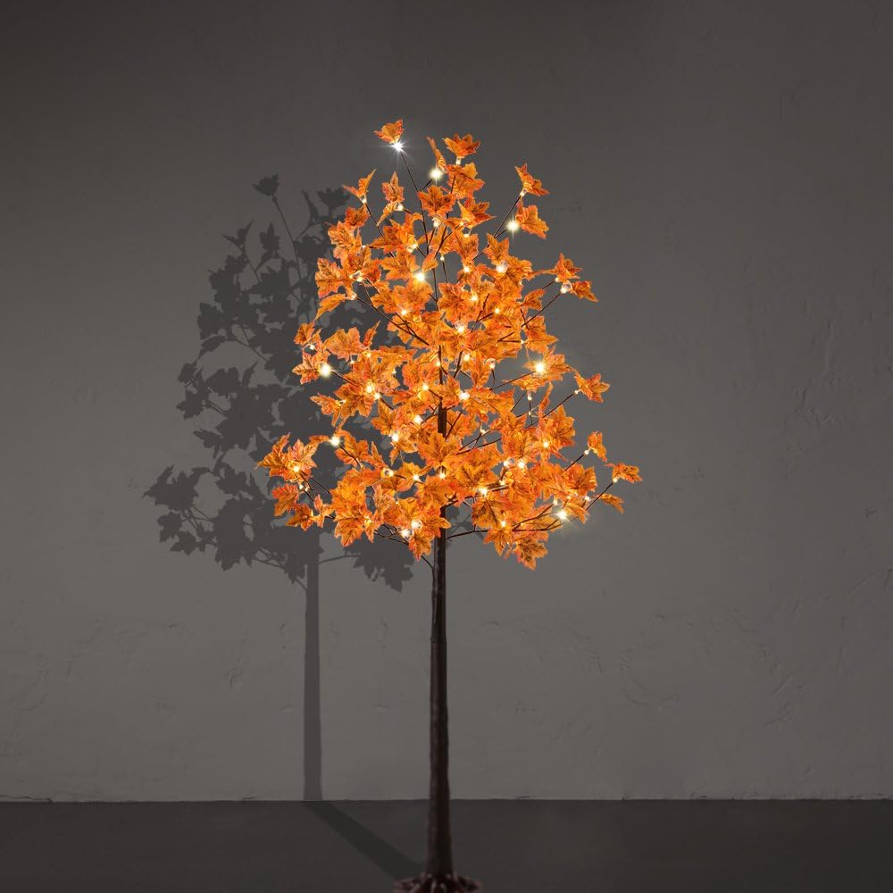 6FT 120LED Artificial Lighted Maple Tree Warm White Fall Decorations Indoor Ourdoor, Orange