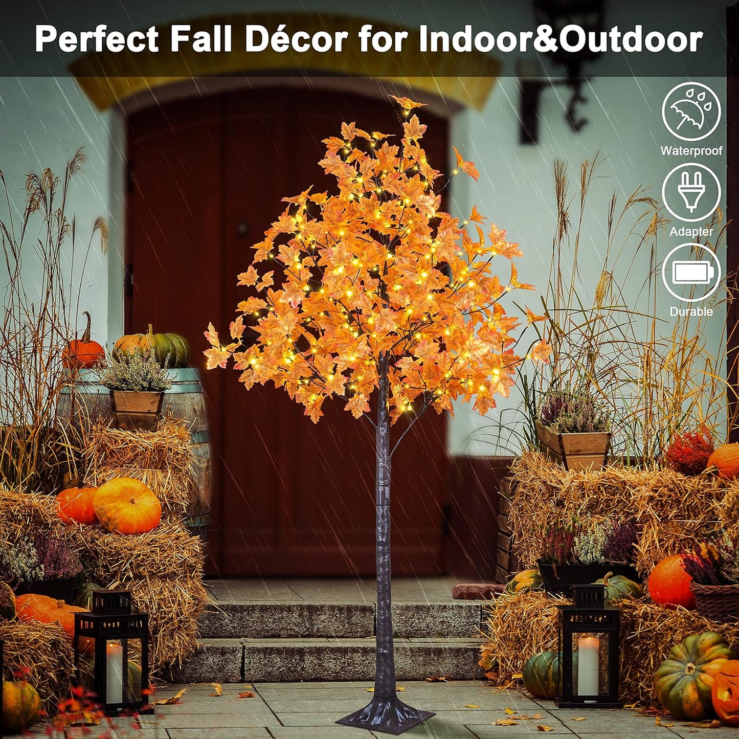 6FT 120LED Artificial Lighted Maple Tree Warm White Fall Decorations Indoor Ourdoor, Orange