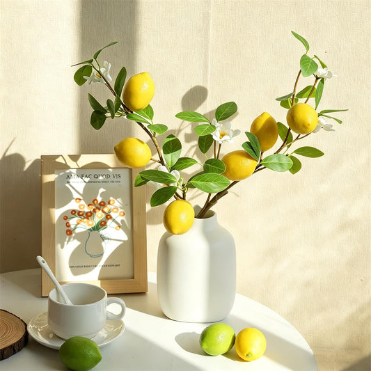 Artificial Lemons Tree Branches /Pack 6Faux Lemons and Lifelike Leaves Fruit Fake Plant Spring Summer Lemon Themed Decoration for Kitchen Dining Table Farmhouse 20Inch