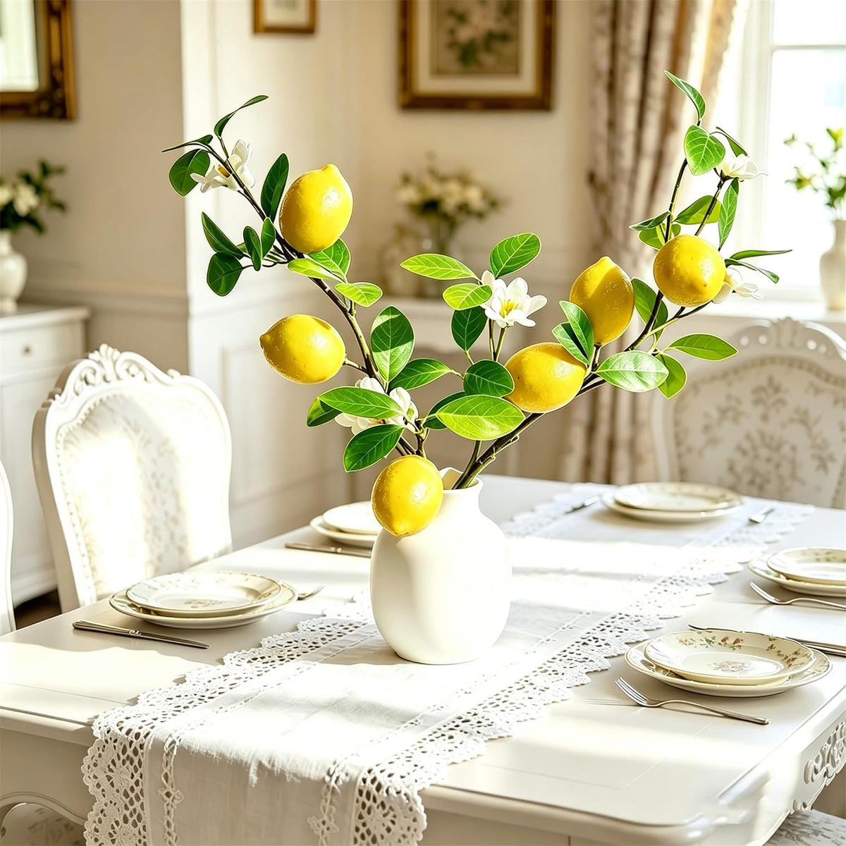 Artificial Lemons Tree Branches /Pack 6Faux Lemons and Lifelike Leaves Fruit Fake Plant Spring Summer Lemon Themed Decoration for Kitchen Dining Table Farmhouse 20Inch
