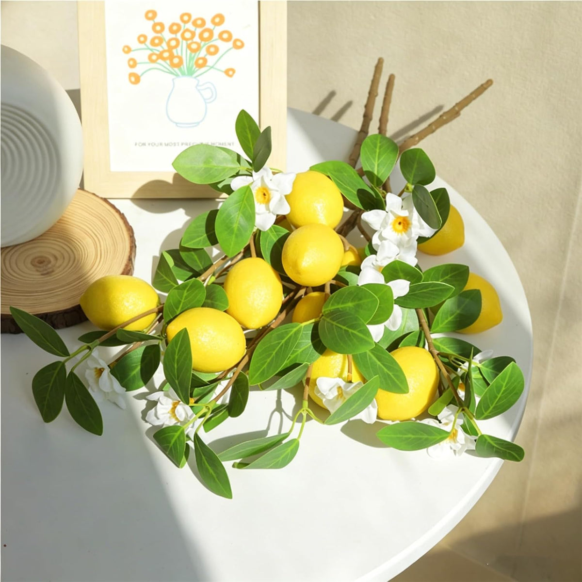 Artificial Lemons Tree Branches /Pack 6Faux Lemons and Lifelike Leaves Fruit Fake Plant Spring Summer Lemon Themed Decoration for Kitchen Dining Table Farmhouse 20Inch