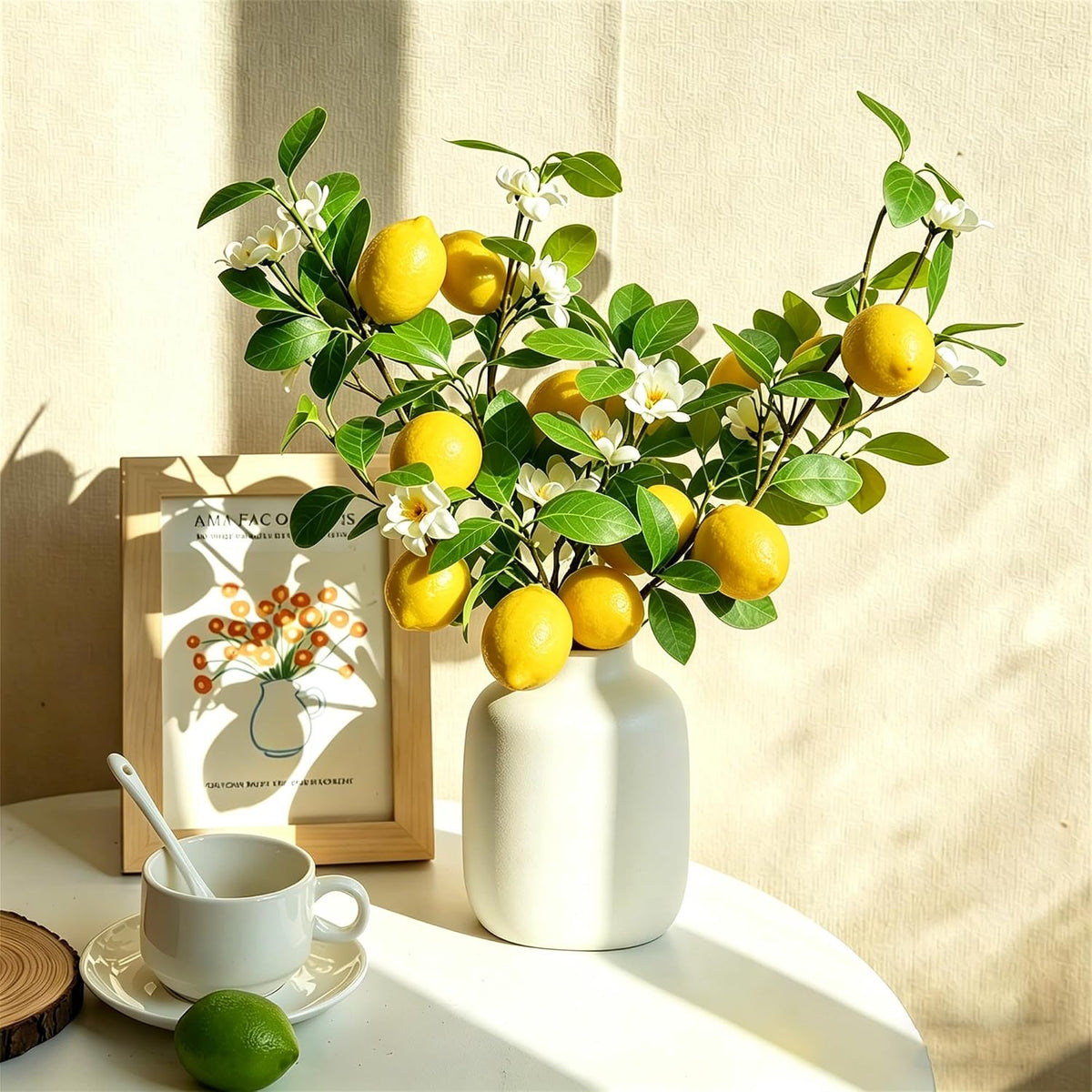 Artificial Lemons Tree Branches /Pack 6Faux Lemons and Lifelike Leaves Fruit Fake Plant Spring Summer Lemon Themed Decoration for Kitchen Dining Table Farmhouse 20Inch