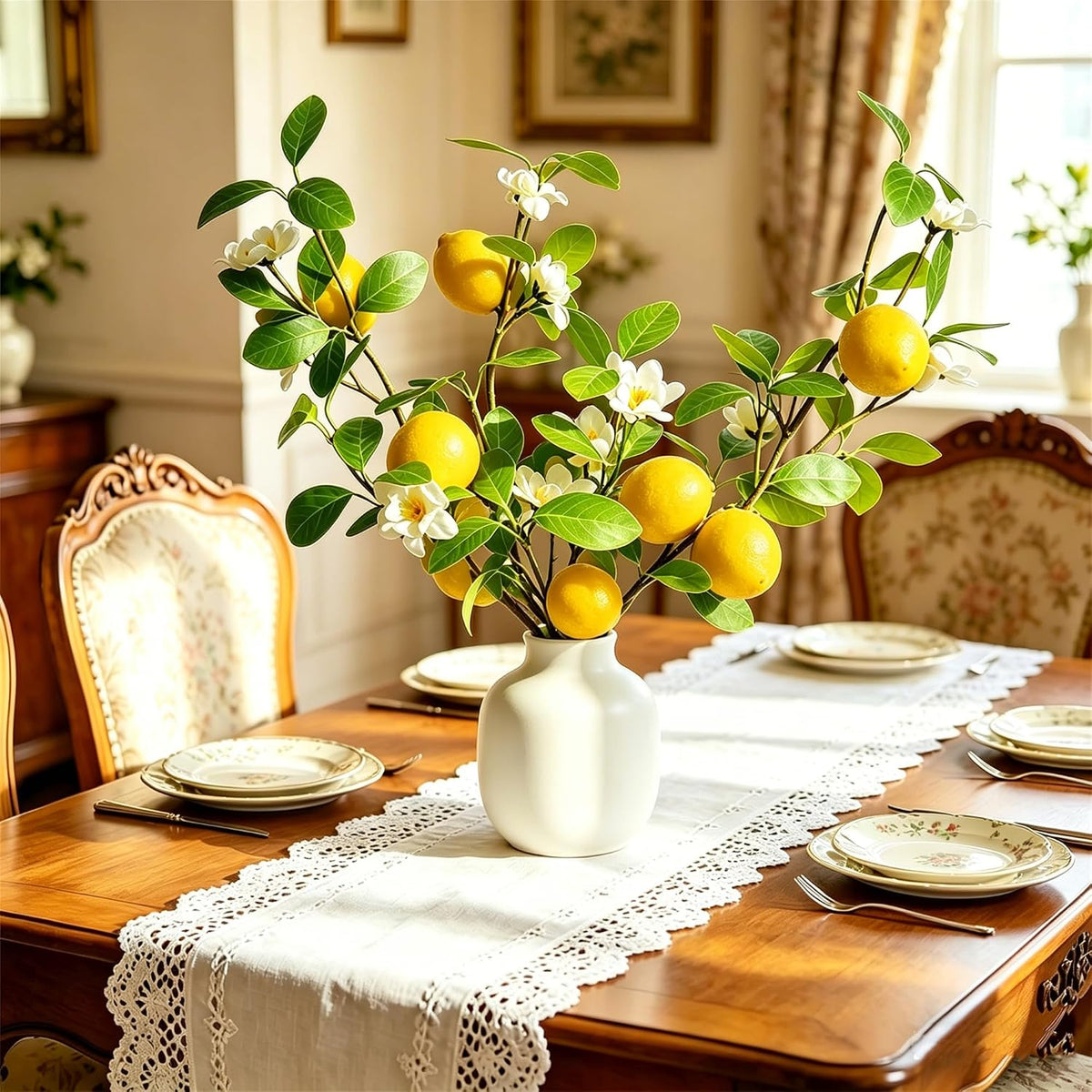Artificial Lemons Tree Branches /Pack 6Faux Lemons and Lifelike Leaves Fruit Fake Plant Spring Summer Lemon Themed Decoration for Kitchen Dining Table Farmhouse 20Inch