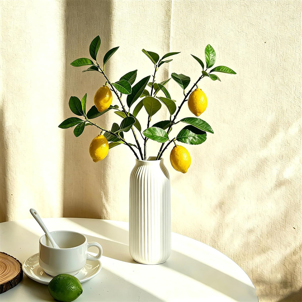 Artificial Lemons Tree Branches /Pack 6Faux Lemons and Lifelike Leaves Fruit Fake Plant Spring Summer Lemon Themed Decoration for Kitchen Dining Table Farmhouse 20Inch