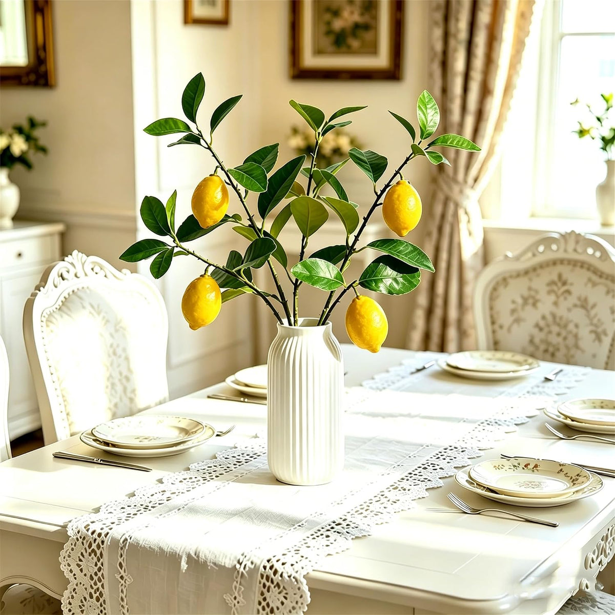 Artificial Lemons Tree Branches /Pack 6Faux Lemons and Lifelike Leaves Fruit Fake Plant Spring Summer Lemon Themed Decoration for Kitchen Dining Table Farmhouse 20Inch