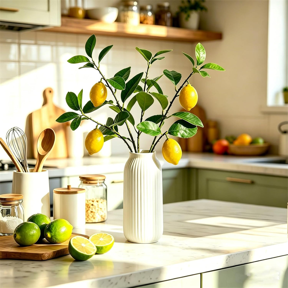 Artificial Lemons Tree Branches /Pack 6Faux Lemons and Lifelike Leaves Fruit Fake Plant Spring Summer Lemon Themed Decoration for Kitchen Dining Table Farmhouse 20Inch