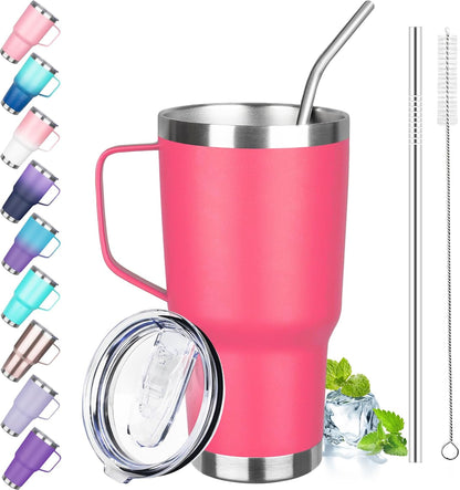 30 oz Tumbler with Handle, Stainless Steel Insulated Tumbler with Lid and Straw, Double Wall Vacuum Coffee Mug Tumbler, Insulated Coffee Thermal Cup for Cold and Hot (Yellow)