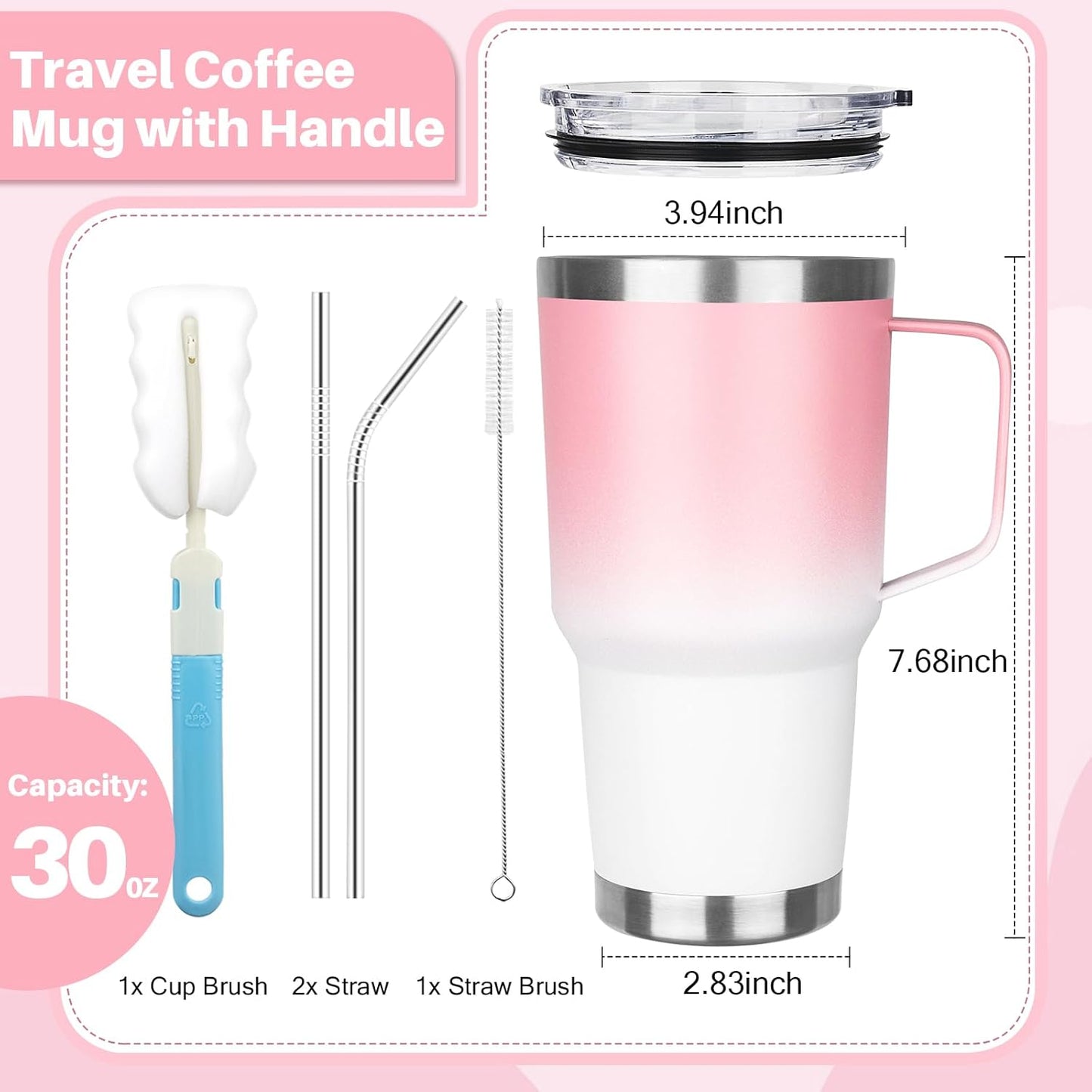 30 oz Tumbler with Handle, Stainless Steel Insulated Tumbler with Lid and Straw, Double Wall Vacuum Coffee Mug Tumbler, Insulated Coffee Thermal Cup for Cold and Hot (Yellow)