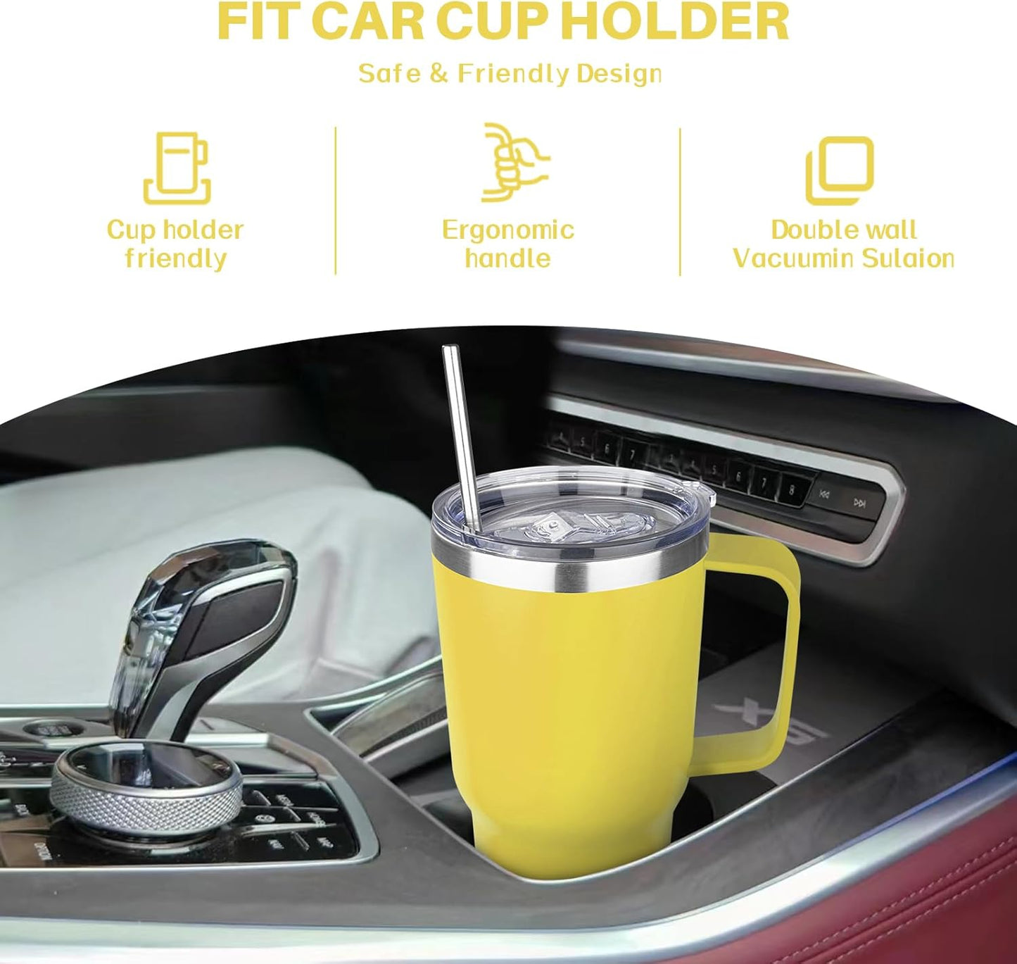 30 oz Tumbler with Handle, Stainless Steel Insulated Tumbler with Lid and Straw, Double Wall Vacuum Coffee Mug Tumbler, Insulated Coffee Thermal Cup for Cold and Hot (Yellow)