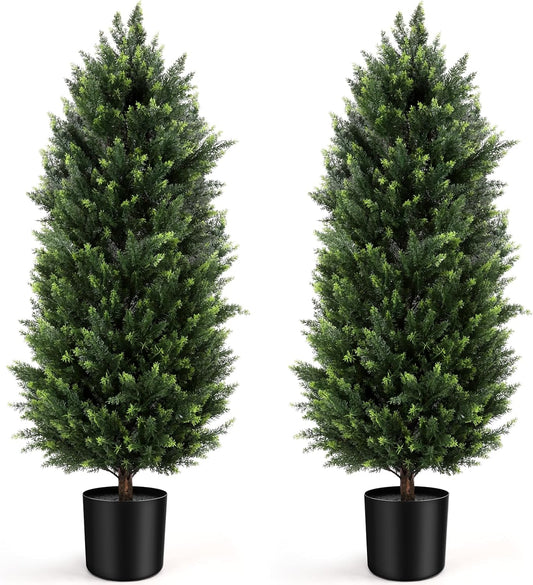 Artificial Cedar Topiary Trees 4FT Set of 2 Potted Outdoor Cypress Tree | Lifelike Evergreen Cedar,Dense Full Foliage,4 Foot,UV Resistant Artificial Bushes in Pot for Outdoor Front Porch Patio Decor