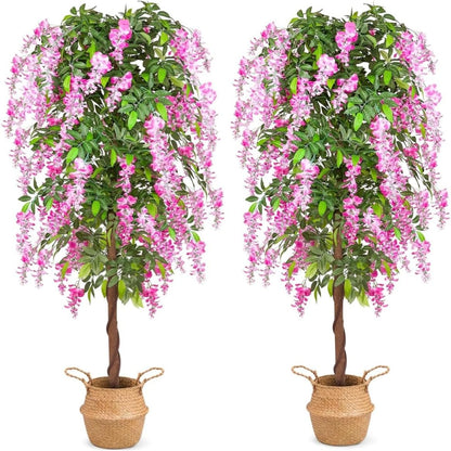 6ft Artificial Tree Plants, Fake Wisteria Tree with Woven Seagrass Basket for Indoor Outdoor Home Decor Office Living Room Porch Patio Perfect Housewarming Gift (2)