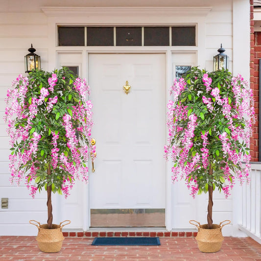 6ft Artificial Tree Plants, Fake Wisteria Tree with Woven Seagrass Basket for Indoor Outdoor Home Decor Office Living Room Porch Patio Perfect Housewarming Gift (2)