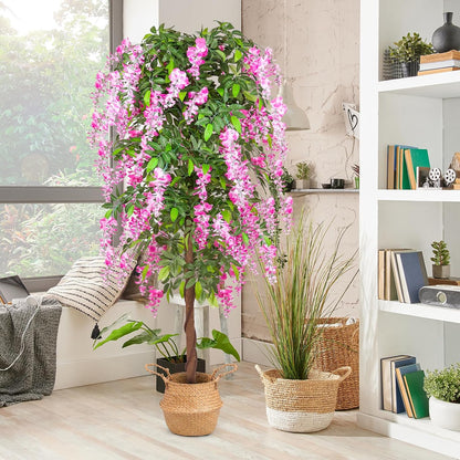 6ft Artificial Tree Plants, Fake Wisteria Tree with Woven Seagrass Basket for Indoor Outdoor Home Decor Office Living Room Porch Patio Perfect Housewarming Gift (2)