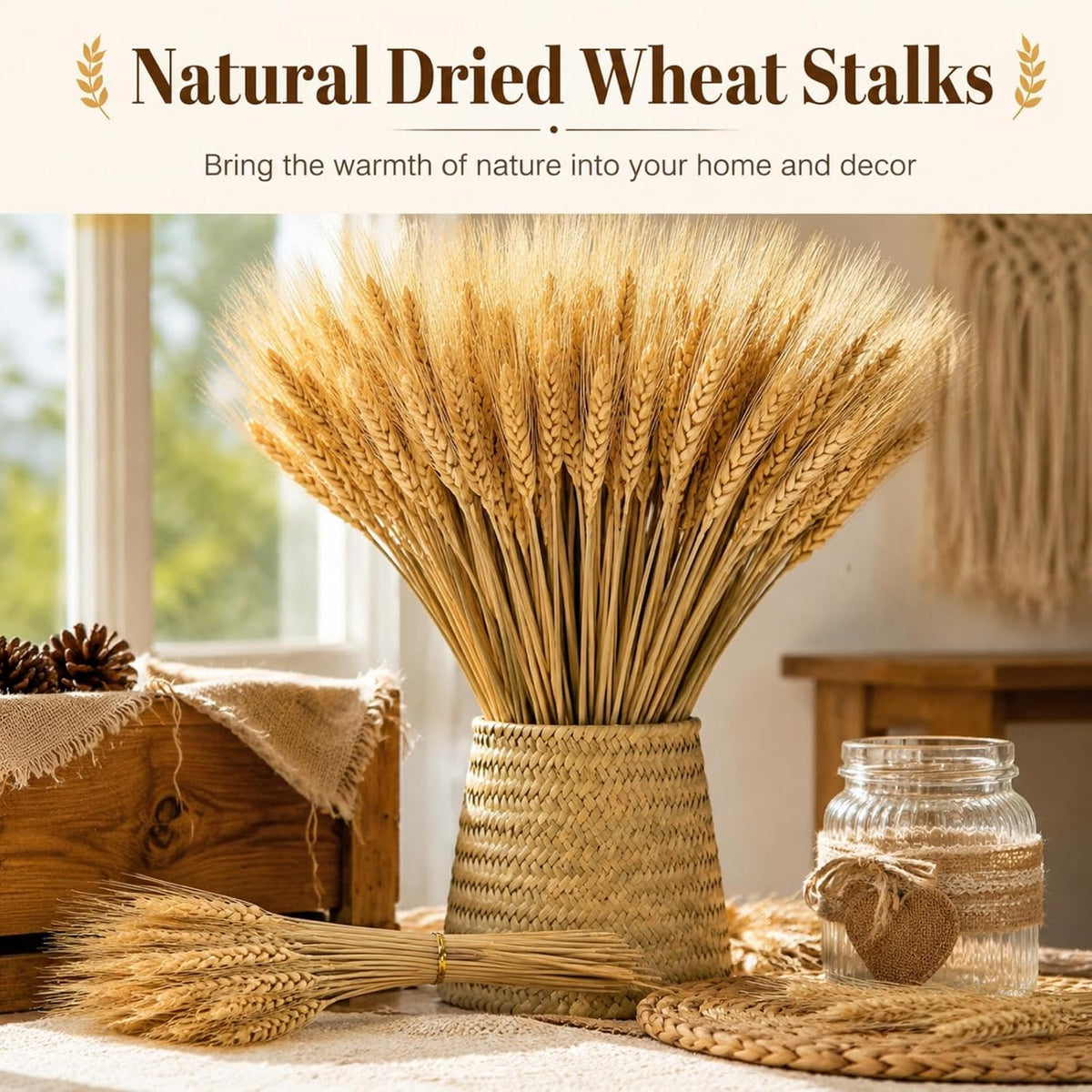 300 Stems Dried Wheat Stalks, 16 Inch Natural Wheat Sheaves Fall Arrangement for DIY Craft, Home Table, Wedding Decor