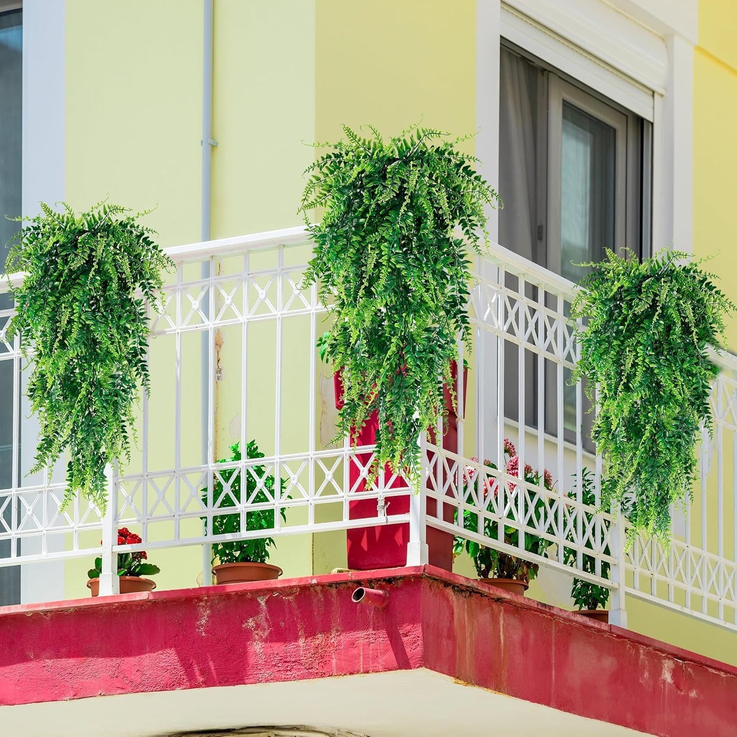 4 Pack Artificial Hanging Plants Fake Hanging Plant Faux Hanging Boston Ferns Fake Ivy Vines Greenery UV Resistant Plastic Plants for Indoor Outdoor Room Wall Wedding Patio Porch Decor