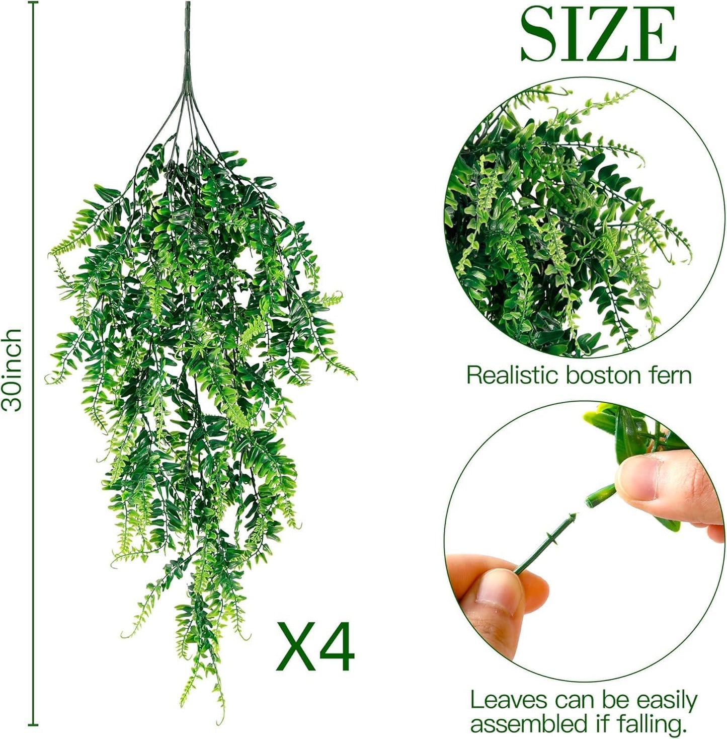 4 Pack Artificial Hanging Plants Fake Hanging Plant Faux Hanging Boston Ferns Fake Ivy Vines Greenery UV Resistant Plastic Plants for Indoor Outdoor Room Wall Wedding Patio Porch Decor