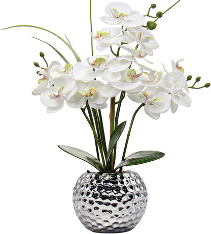 Orchids Artificial Flowers 20.8'' Faux Orchid Flower Arrangement Fake Orchid White Flower with Silver Ceramic Vase Phalaenopsis Orchid for Home Office Bathroom Table Centerpieces Decor