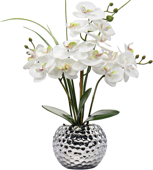 Orchids Artificial Flowers 20.8'' Faux Orchid Flower Arrangement Fake Orchid White Flower with Silver Ceramic Vase Phalaenopsis Orchid for Home Office Bathroom Table Centerpieces Decor