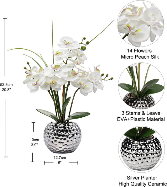 Orchids Artificial Flowers 20.8'' Faux Orchid Flower Arrangement Fake Orchid White Flower with Silver Ceramic Vase Phalaenopsis Orchid for Home Office Bathroom Table Centerpieces Decor