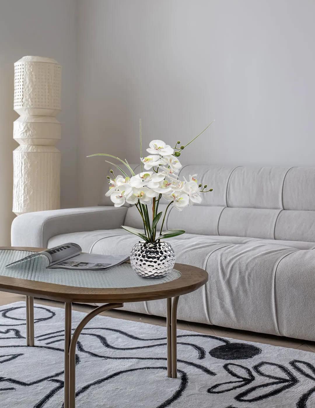 Orchids Artificial Flowers 20.8'' Faux Orchid Flower Arrangement Fake Orchid White Flower with Silver Ceramic Vase Phalaenopsis Orchid for Home Office Bathroom Table Centerpieces Decor