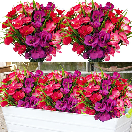 8 Bundles Artificial Hibiscus Flowers for Outdoor Faux UV Resistant Fake Silk Plants Flower for Front Porch Pot Planters Garden Window Box Indoor Home Decor (Red, Pink, Purple Red)
