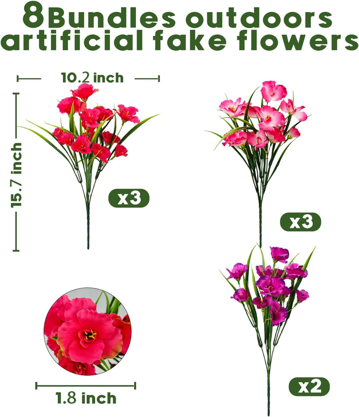 8 Bundles Artificial Hibiscus Flowers for Outdoor Faux UV Resistant Fake Silk Plants Flower for Front Porch Pot Planters Garden Window Box Indoor Home Decor (Red, Pink, Purple Red)