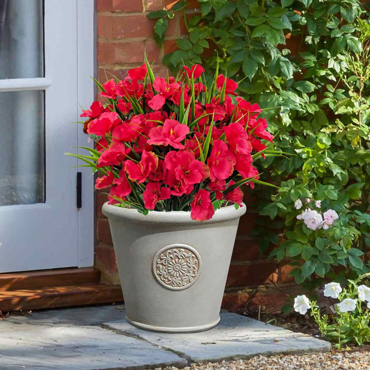 8 Bundles Artificial Hibiscus Flowers for Outdoor Faux UV Resistant Fake Silk Plants Flower for Front Porch Pot Planters Garden Window Box Indoor Home Decor (Red, Pink, Purple Red)