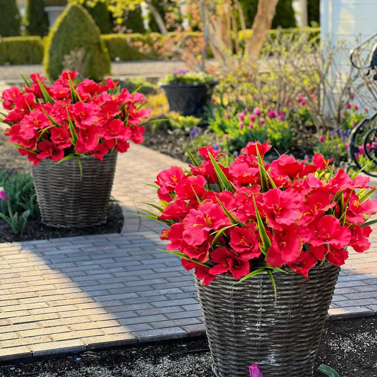 8 Bundles Artificial Hibiscus Flowers for Outdoor Faux UV Resistant Fake Silk Plants Flower for Front Porch Pot Planters Garden Window Box Indoor Home Decor (Red, Pink, Purple Red)