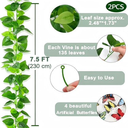 2Pcs Fake Vines Artificial Ivy Garland with Faux Pothos Leaves | Fake Plants Greenery for Bedroom Living Room Office Wall Garden Wedding Party Indoor Outdoor Decor Aesthetic