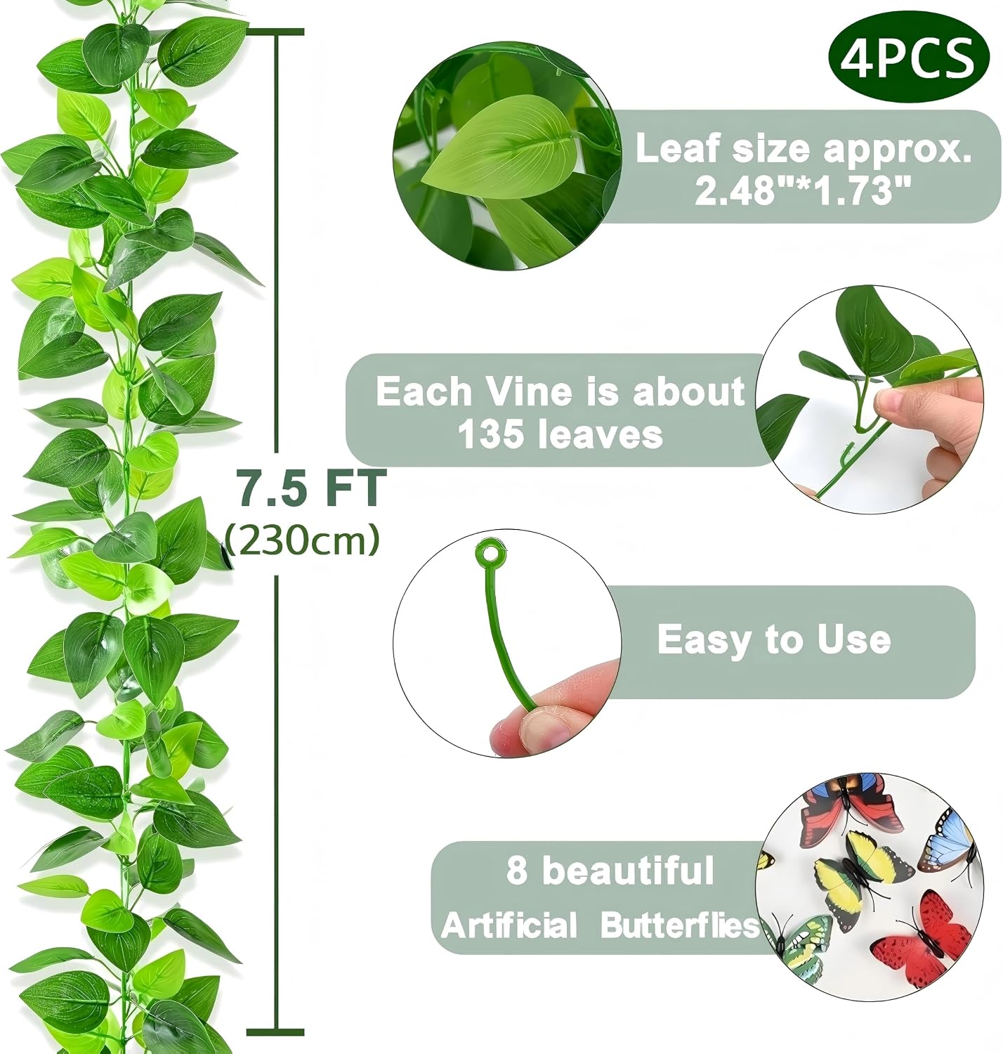 2Pcs Fake Vines Artificial Ivy Garland with Faux Pothos Leaves | Fake Plants Greenery for Bedroom Living Room Office Wall Garden Wedding Party Indoor Outdoor Decor Aesthetic