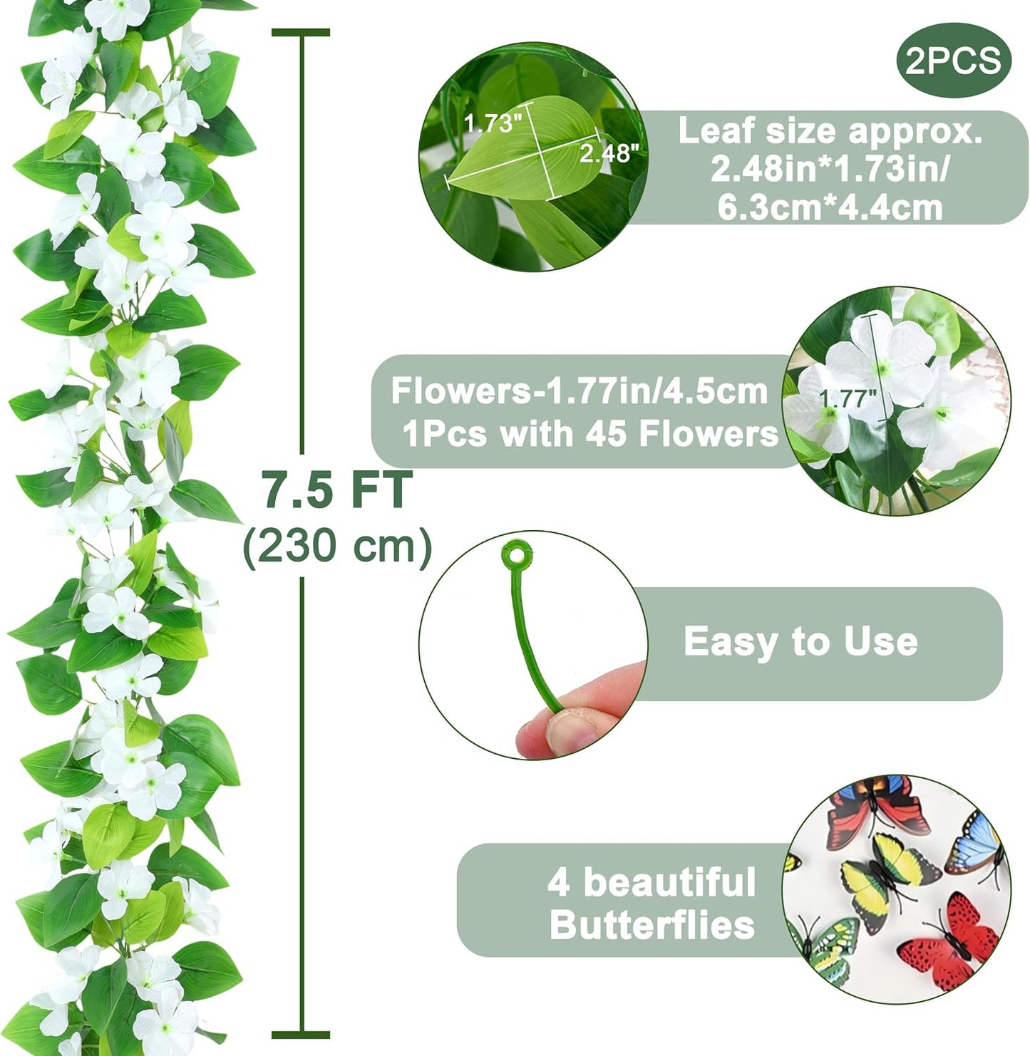 2Pcs Fake Vines Artificial Ivy Garland with Faux Pothos Leaves | Fake Plants Greenery for Bedroom Living Room Office Wall Garden Wedding Party Indoor Outdoor Decor Aesthetic