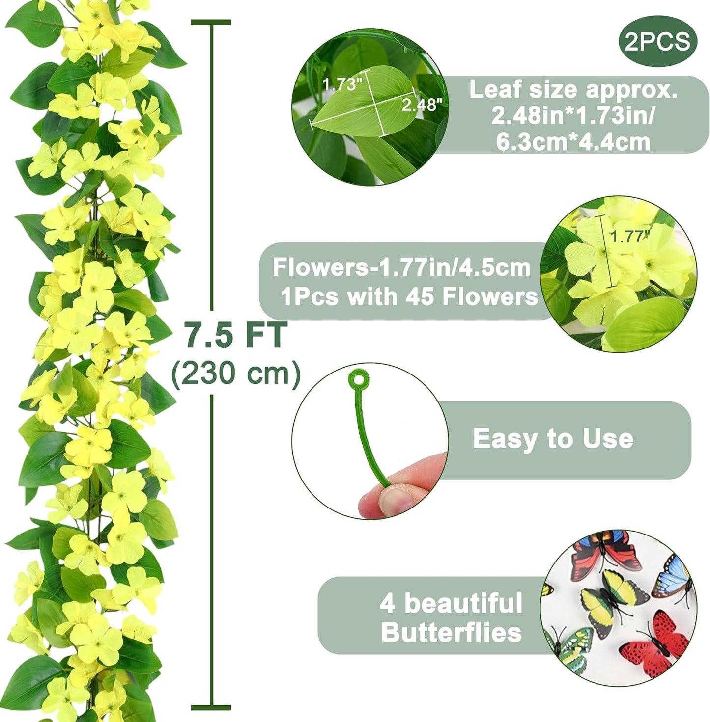 2Pcs Fake Vines Artificial Ivy Garland with Faux Pothos Leaves | Fake Plants Greenery for Bedroom Living Room Office Wall Garden Wedding Party Indoor Outdoor Decor Aesthetic