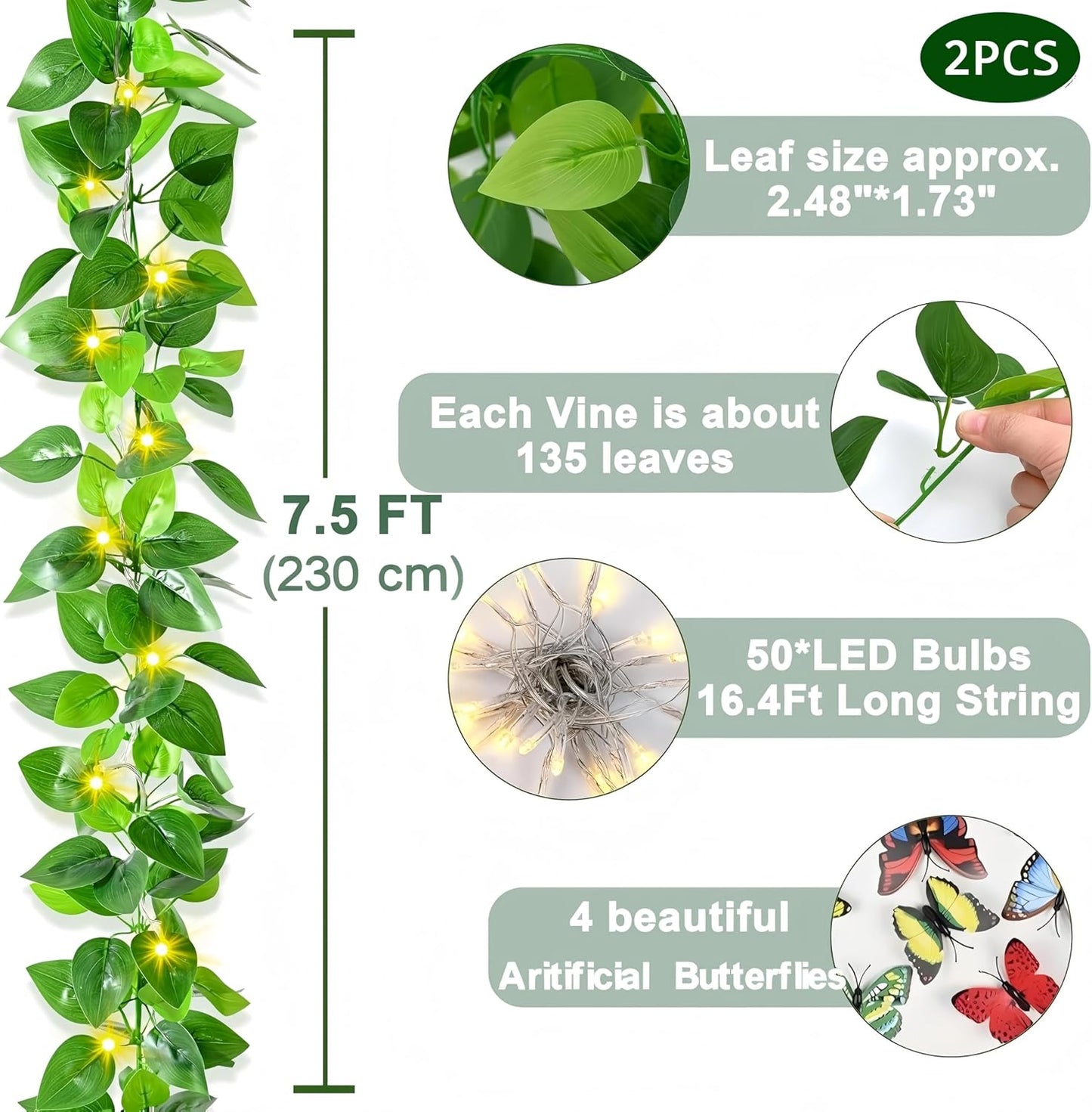 2Pcs Fake Vines Artificial Ivy Garland with Faux Pothos Leaves | Fake Plants Greenery for Bedroom Living Room Office Wall Garden Wedding Party Indoor Outdoor Decor Aesthetic