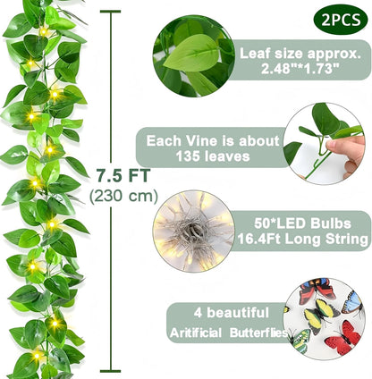 2Pcs Fake Vines Artificial Ivy Garland with Faux Pothos Leaves | Fake Plants Greenery for Bedroom Living Room Office Wall Garden Wedding Party Indoor Outdoor Decor Aesthetic