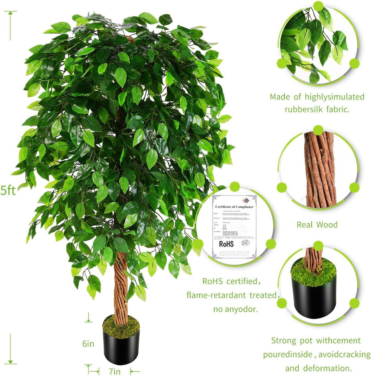 OXLLXO 6ft Artificial Ficus Silk Tree (72in) with Plastic Nursery Pot Faux Tree, Fake Plant for Office House Farmhouse Living Room Home Decor (Indoor/Outdoor)