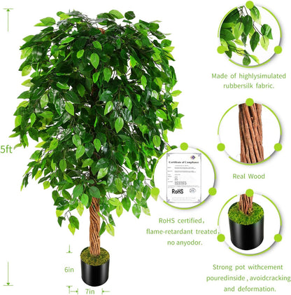 OXLLXO 6ft Artificial Ficus Silk Tree (72in) with Plastic Nursery Pot Faux Tree, Fake Plant for Office House Farmhouse Living Room Home Decor (Indoor/Outdoor)