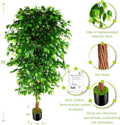OXLLXO 6ft Artificial Ficus Silk Tree (72in) with Plastic Nursery Pot Faux Tree, Fake Plant for Office House Farmhouse Living Room Home Decor (Indoor/Outdoor)