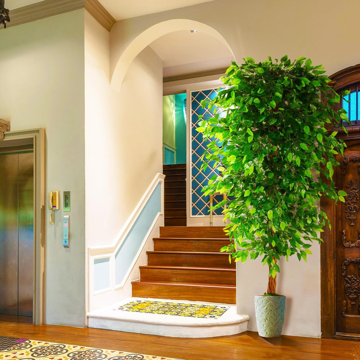 OXLLXO 6ft Artificial Ficus Silk Tree (72in) with Plastic Nursery Pot Faux Tree, Fake Plant for Office House Farmhouse Living Room Home Decor (Indoor/Outdoor)
