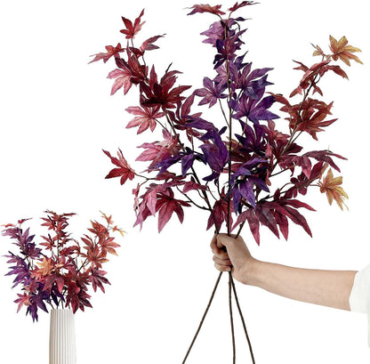 3Pcs Artificial Maple Leaves Branches,32.6'' Silk Autumn Fake Fall Leaves Stems Plants,Faux Maple Leaf Bushes Shrubs for Fireplace Halloween Decorations(Autumn Red/Dark Red/Purple)
