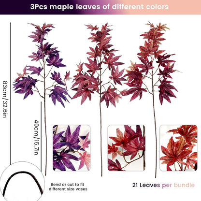 3Pcs Artificial Maple Leaves Branches,32.6'' Silk Autumn Fake Fall Leaves Stems Plants,Faux Maple Leaf Bushes Shrubs for Fireplace Halloween Decorations(Autumn Red/Dark Red/Purple)