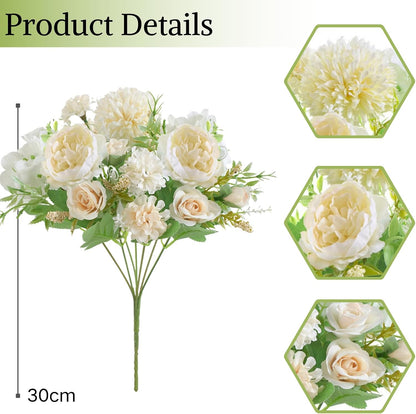 White Artificial Flowers, Fake Silk Peonies Bouquet