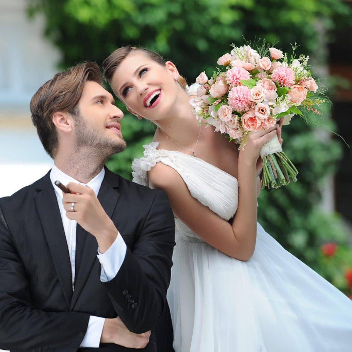 White Artificial Flowers, Fake Silk Peonies Bouquet