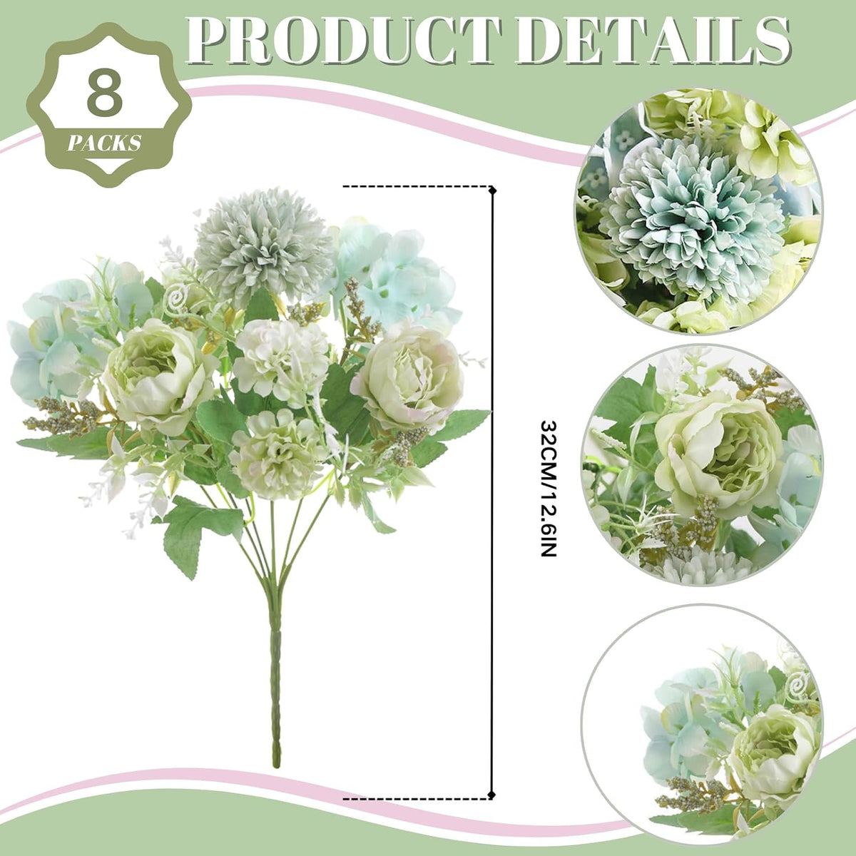 White Artificial Flowers, Fake Silk Peonies Bouquet