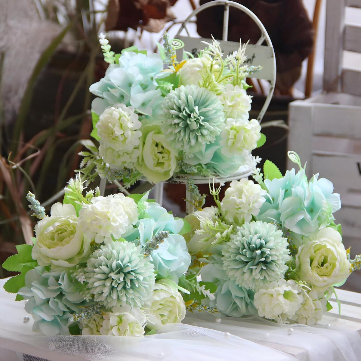 White Artificial Flowers, Fake Silk Peonies Bouquet