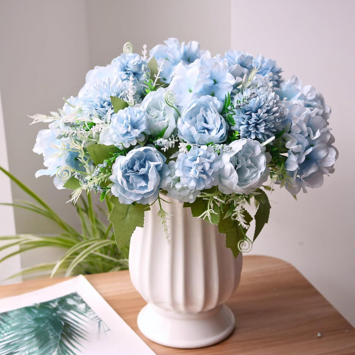 White Artificial Flowers, Fake Silk Peonies Bouquet