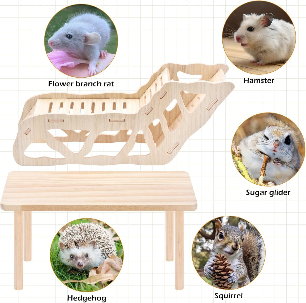 (2-piece Set) Hamster Game Wooden Platform, Tunnel Ladder Hidden Area Platform with Wooden Support Columns, Toy cage Accessories for Hamster Squirrels and Other Small Pets