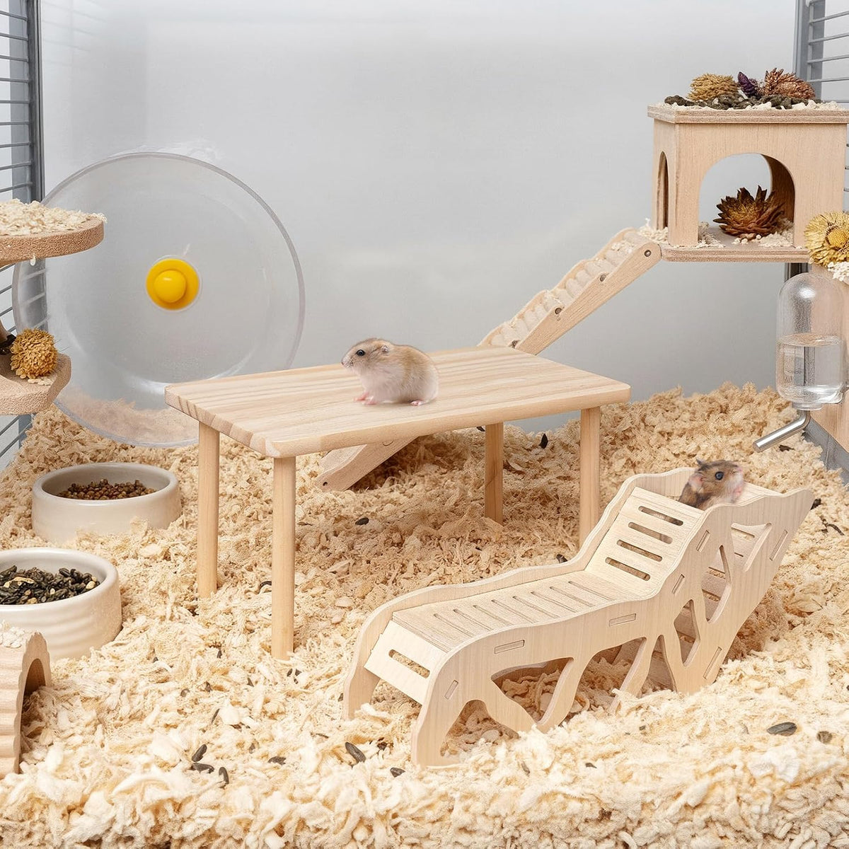 (2-piece Set) Hamster Game Wooden Platform, Tunnel Ladder Hidden Area Platform with Wooden Support Columns, Toy cage Accessories for Hamster Squirrels and Other Small Pets