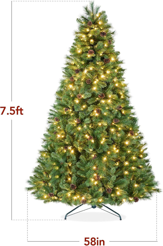 7.5ft Pre-Lit Scotch Pine Christmas Tree, Premium Pre-Decorated Artificial Holiday Decor w/ 1,320 Branch Tips, 2-in-1 White and Multicolor LED Lights, Cordless Setup