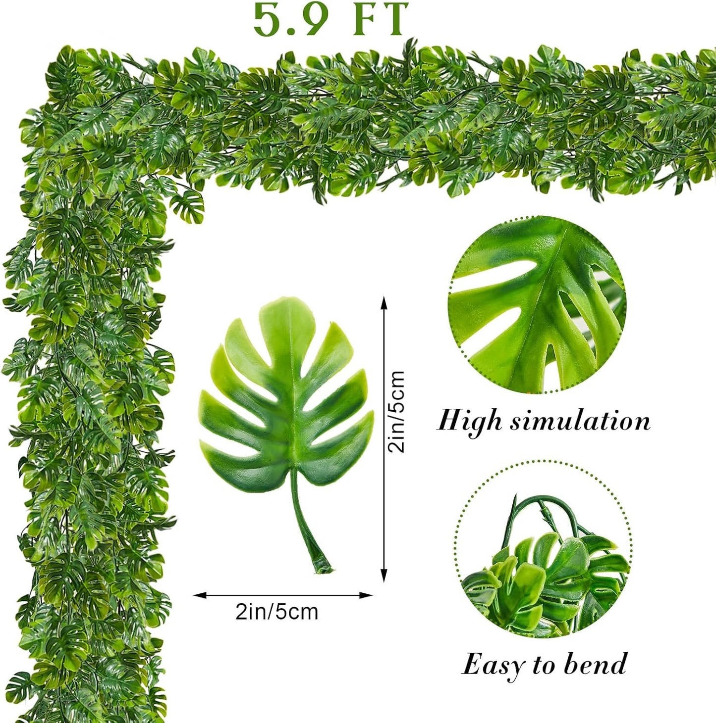 12 Pcs Artificial Monstera Leaf Vines 5.9 ft Fake Hanging Plant Ivy Tropical Palm Leaves Greenery Garland Monstera Faux Vine for Wedding Party Outdoor Decor Garden Porch Jungle Hawaiian Beach