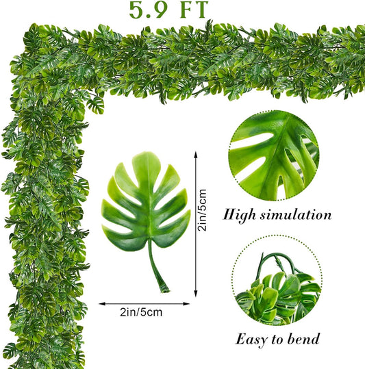 12 Pcs Artificial Monstera Leaf Vines 5.9 ft Fake Hanging Plant Ivy Tropical Palm Leaves Greenery Garland Monstera Faux Vine for Wedding Party Outdoor Decor Garden Porch Jungle Hawaiian Beach